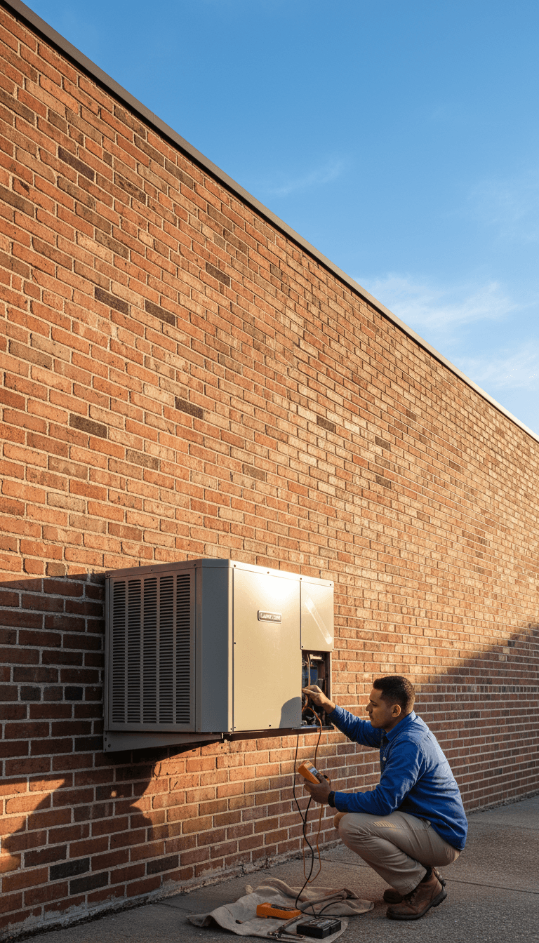 Technician performing routine maintenance on outdoor HVAC unit