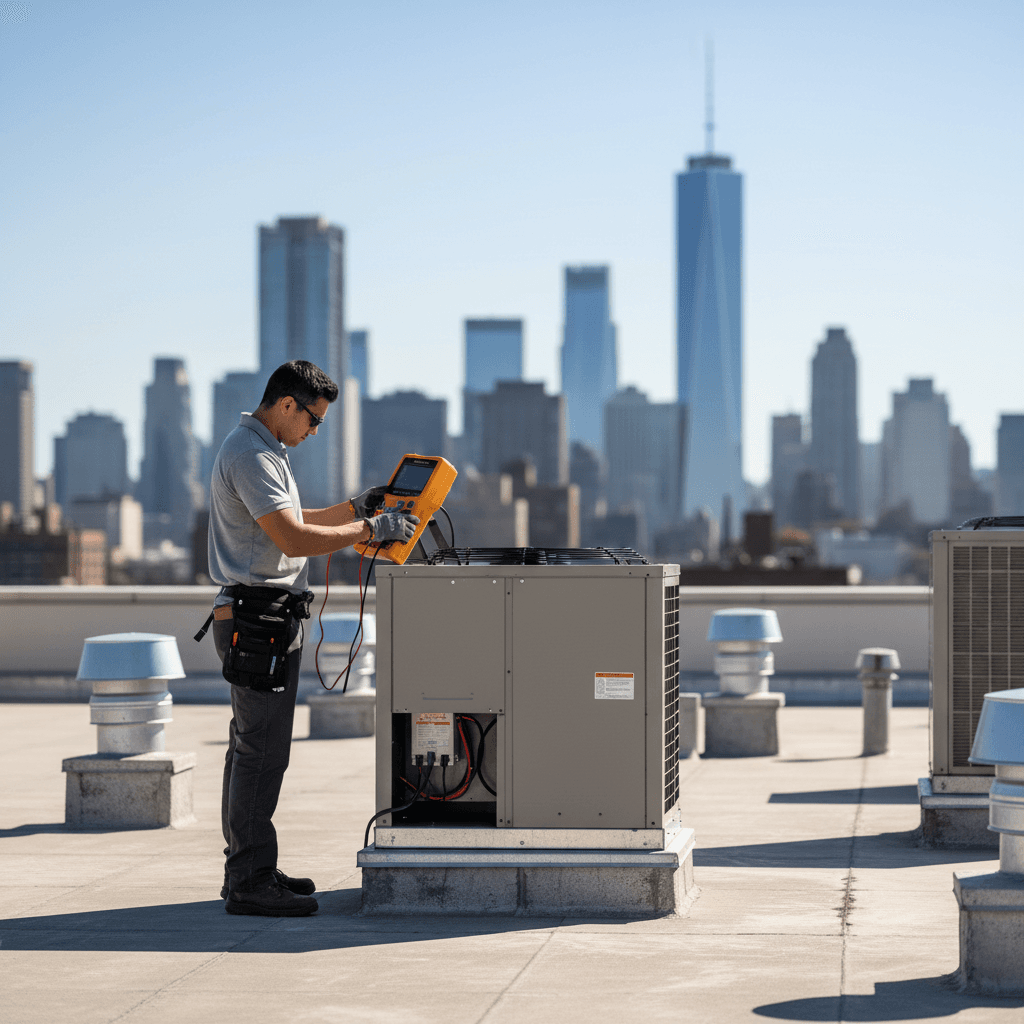 HVAC technician inspecting an air conditioning unit on a rooftop