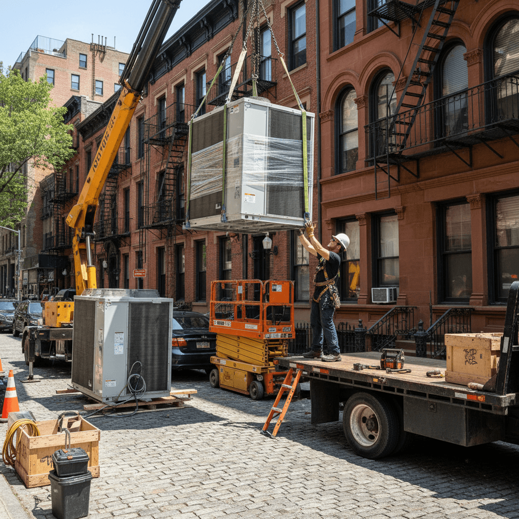 HVAC technicians installing a new heating and cooling system