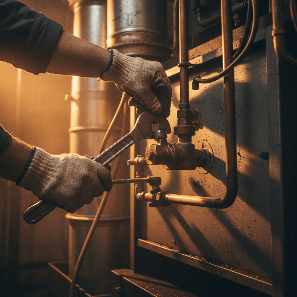 Technician repairing a furnace heating system