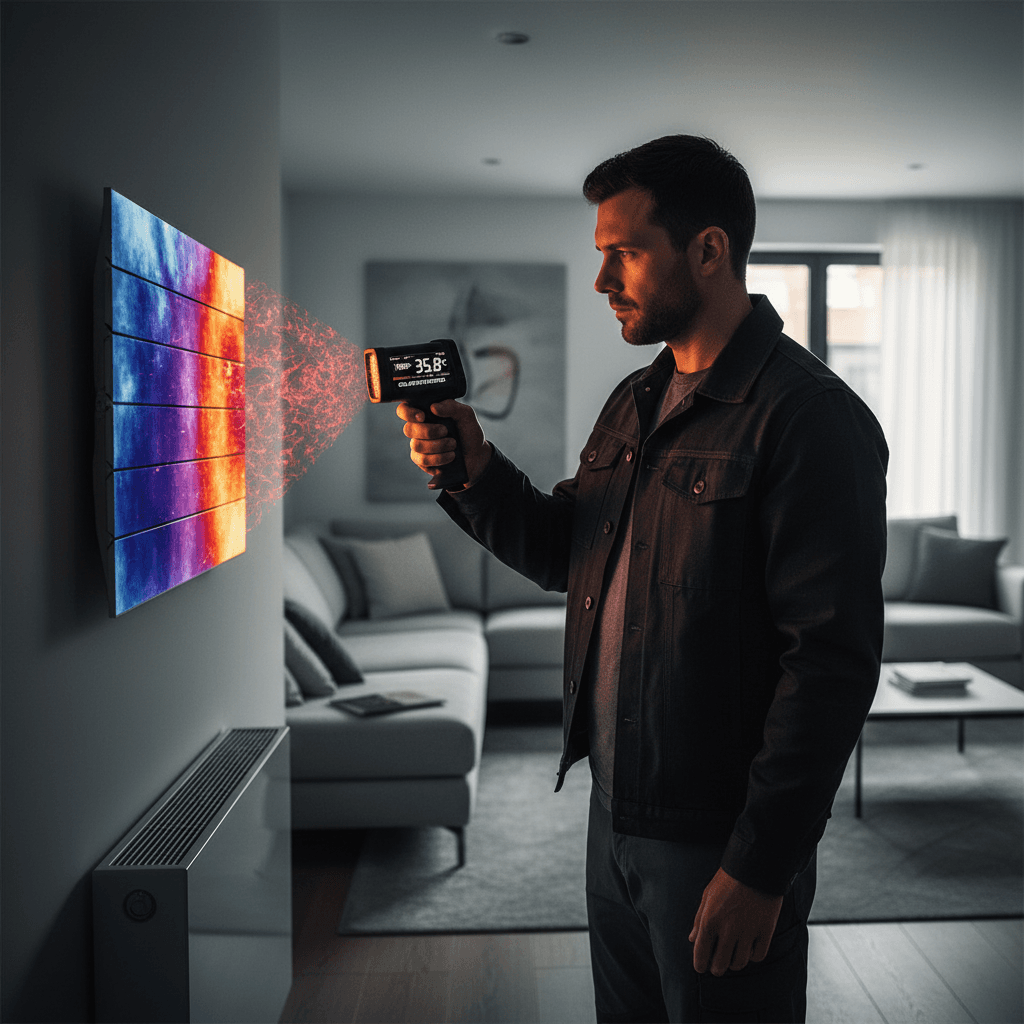 HVAC technician using thermal imaging to diagnose heating issues
