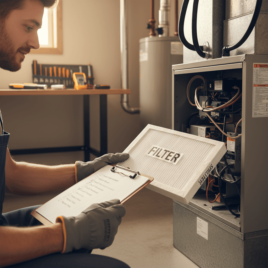 HVAC technician performing furnace maintenance and filter replacement