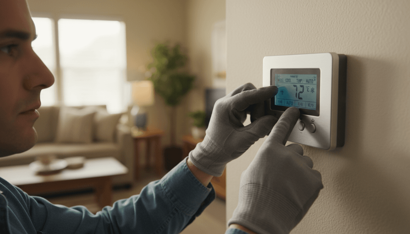 HVAC technician checking and adjusting apartment thermostat controls during repair service