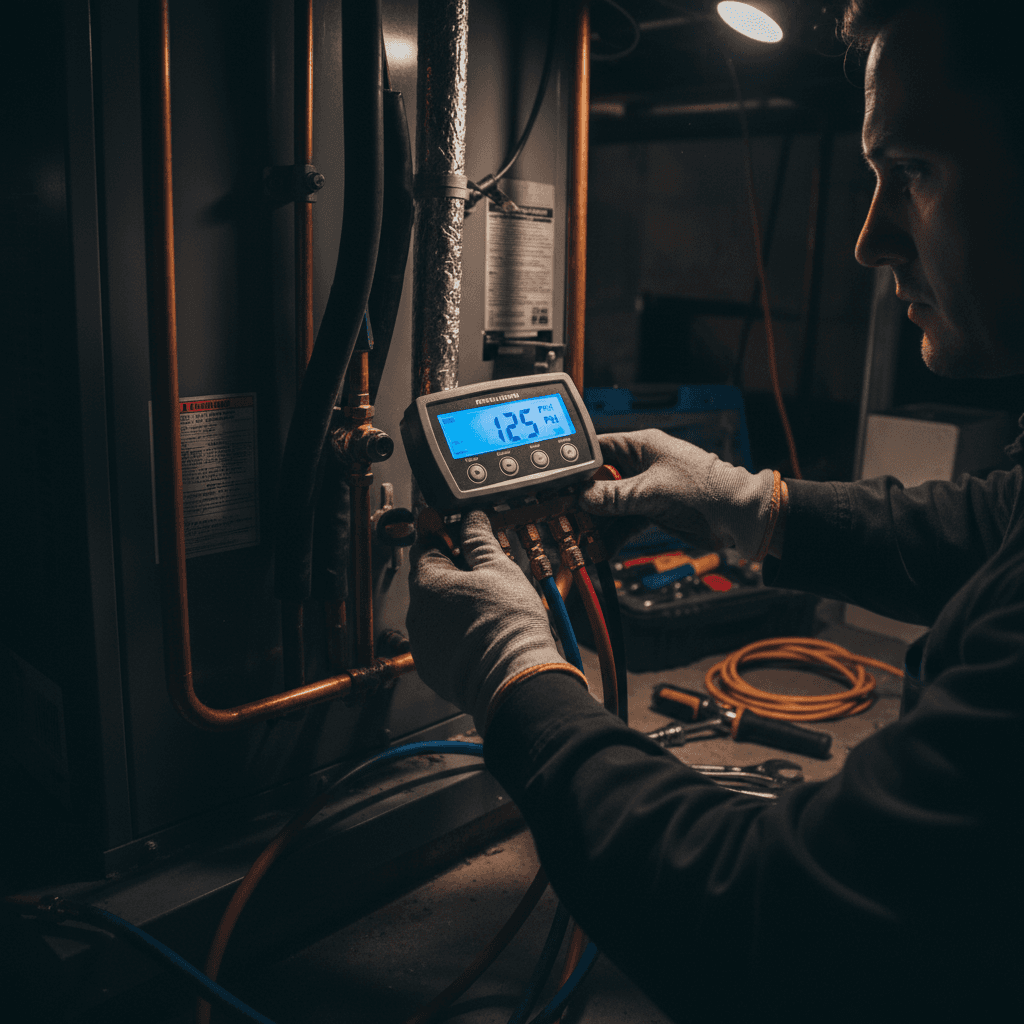 HVAC technician measuring refrigerant pressure on system