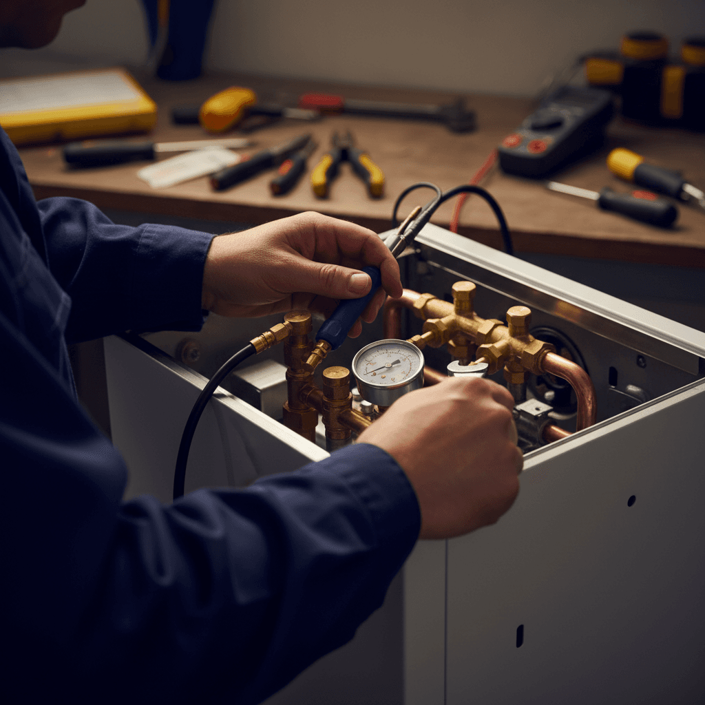 Technician checking boiler pressure gauge