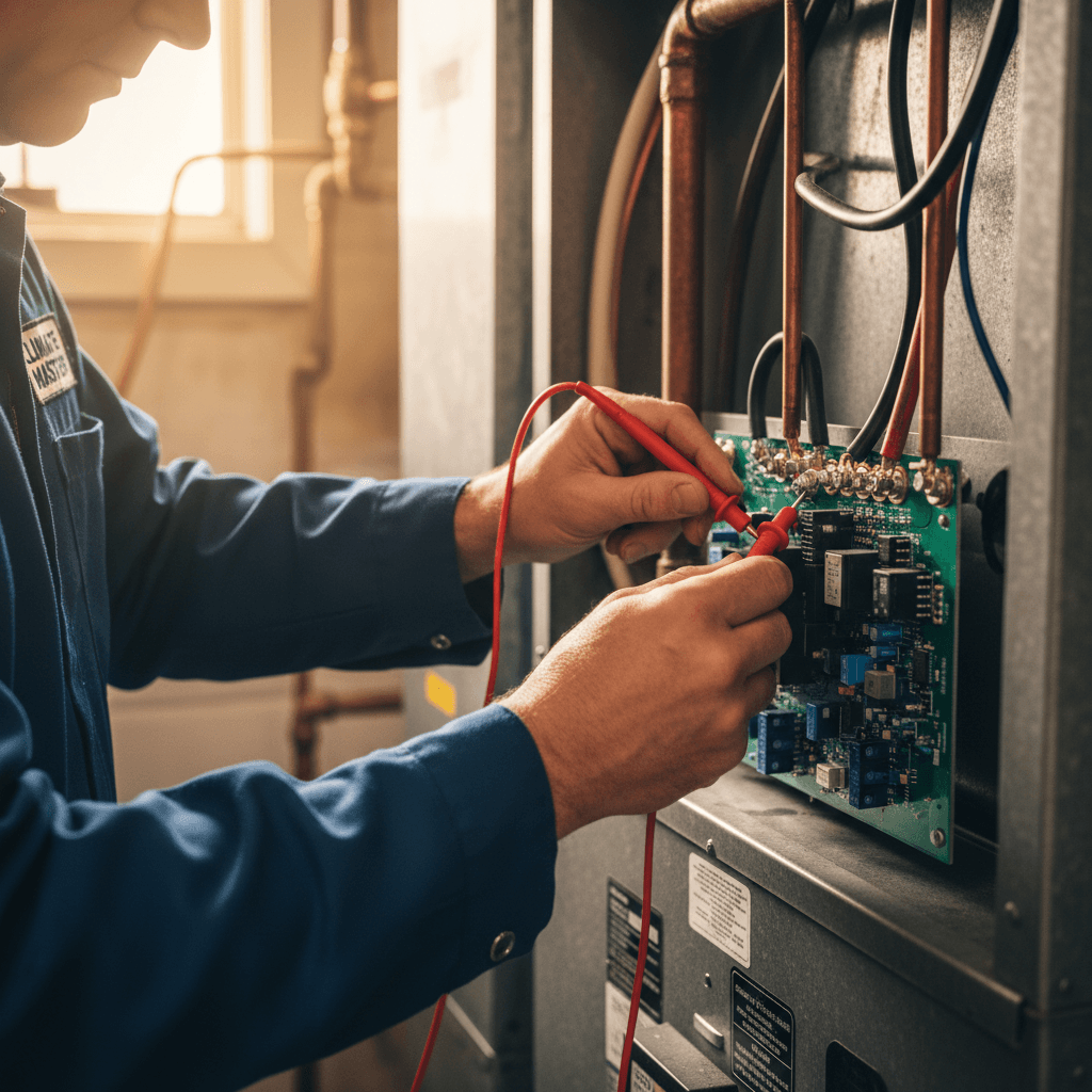 Technician performing seasonal HVAC system check
