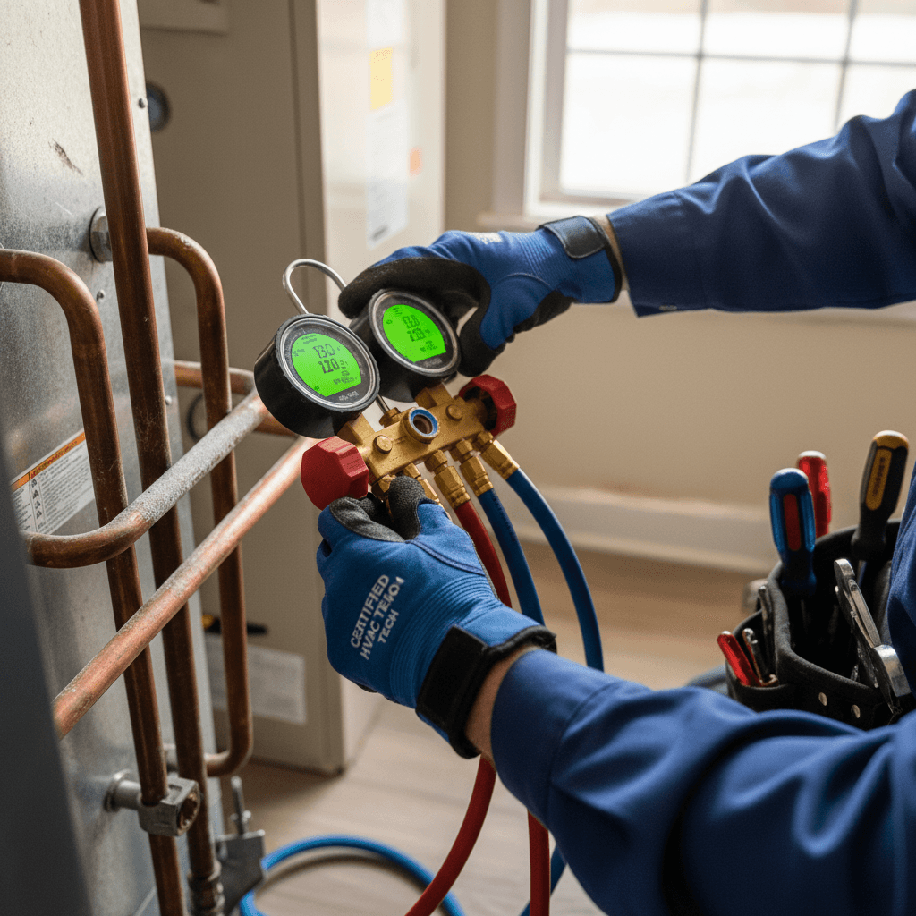 Technician performing air quality testing with digital meter