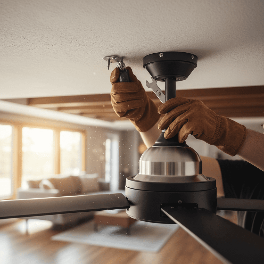 Technician repairing ceiling exhaust fan damper
