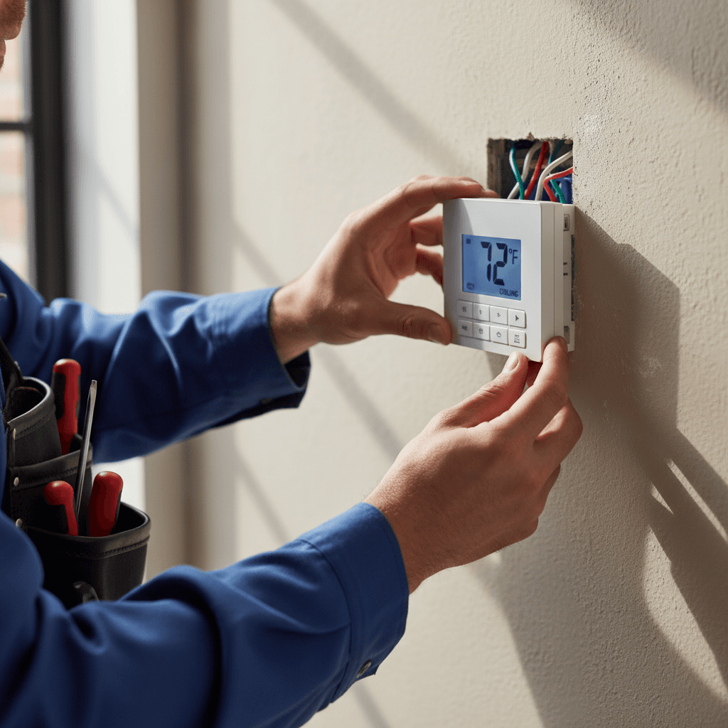 HVAC technician installing residential thermostat