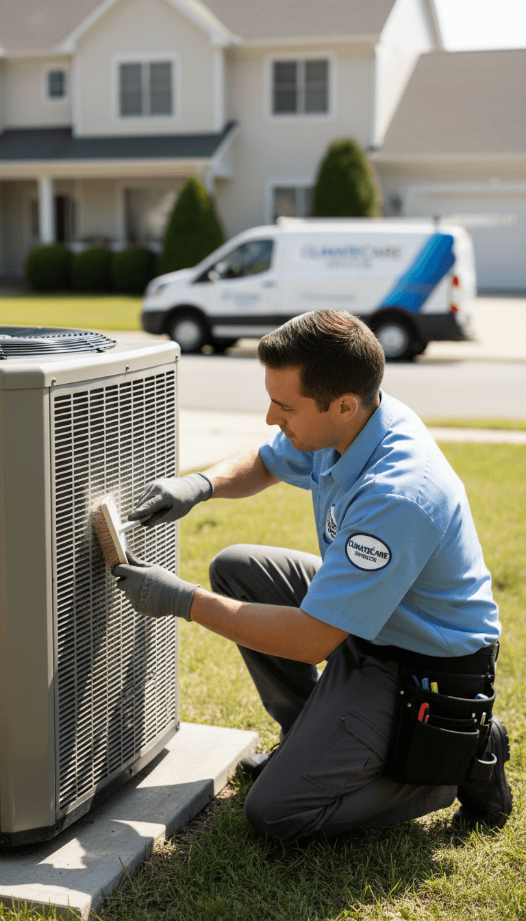 HVAC technician cleaning outdoor AC condenser unit