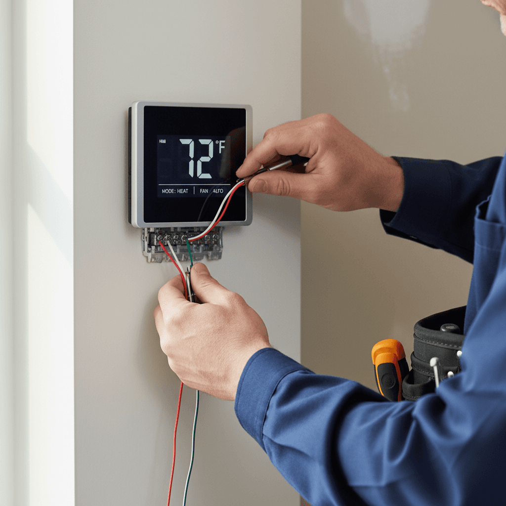 Technician programming digital thermostat