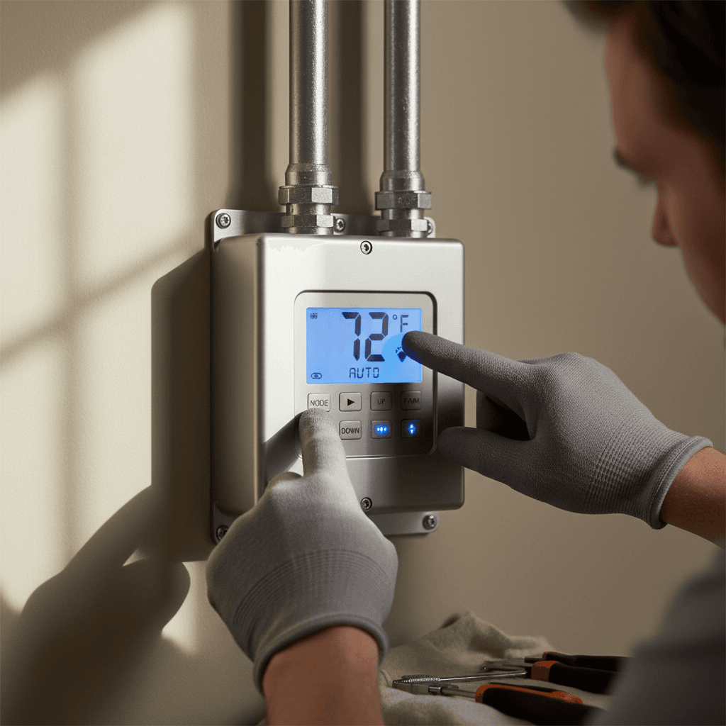 Technician calibrating whole-home humidity control system