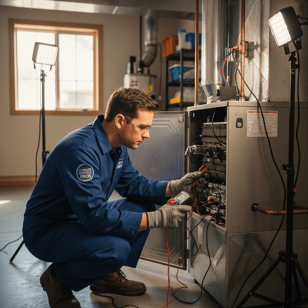 HVAC technician performing furnace maintenance check