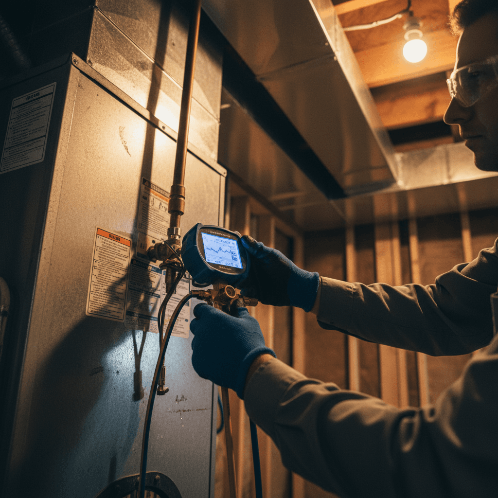 HVAC technician inspecting furnace components