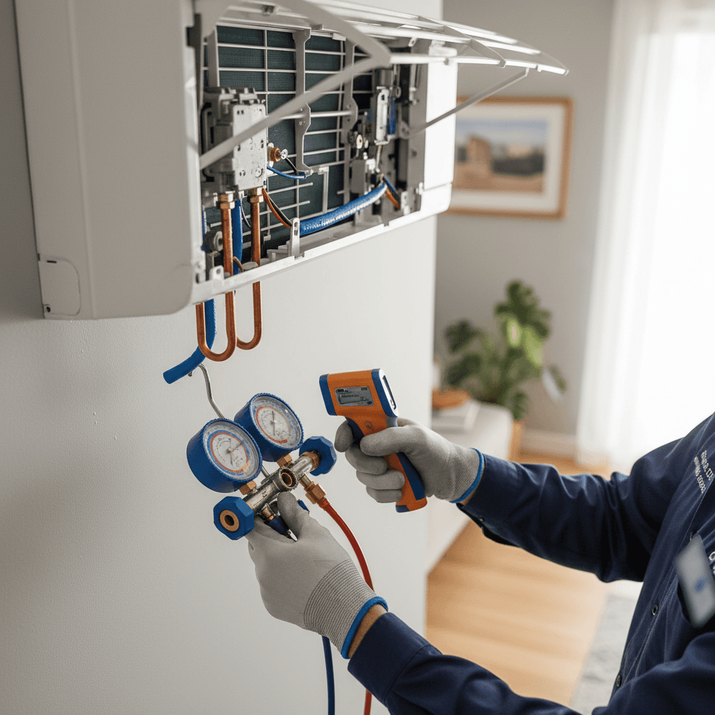 HVAC technician using gauge to diagnose AC unit