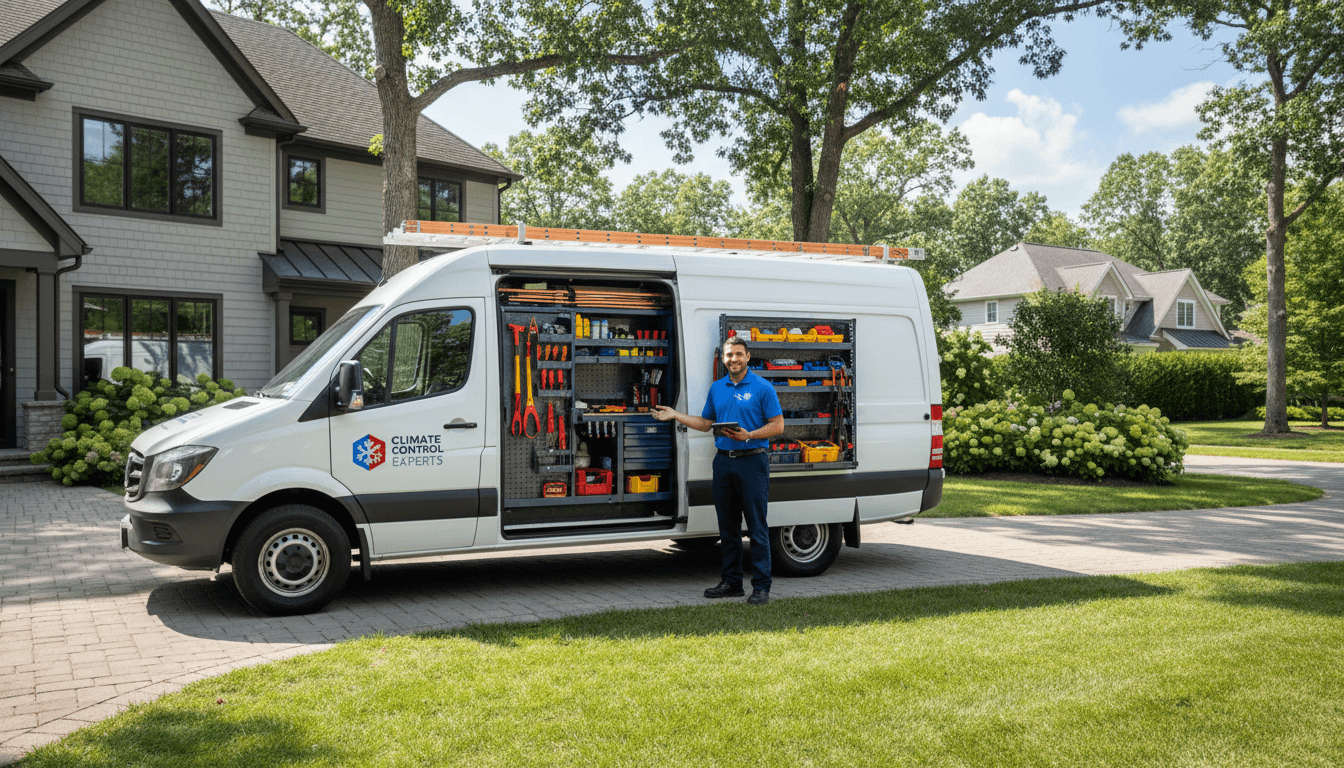 Kraus HVAC service van and technician arriving at New York apartment for emergency cooling repair
