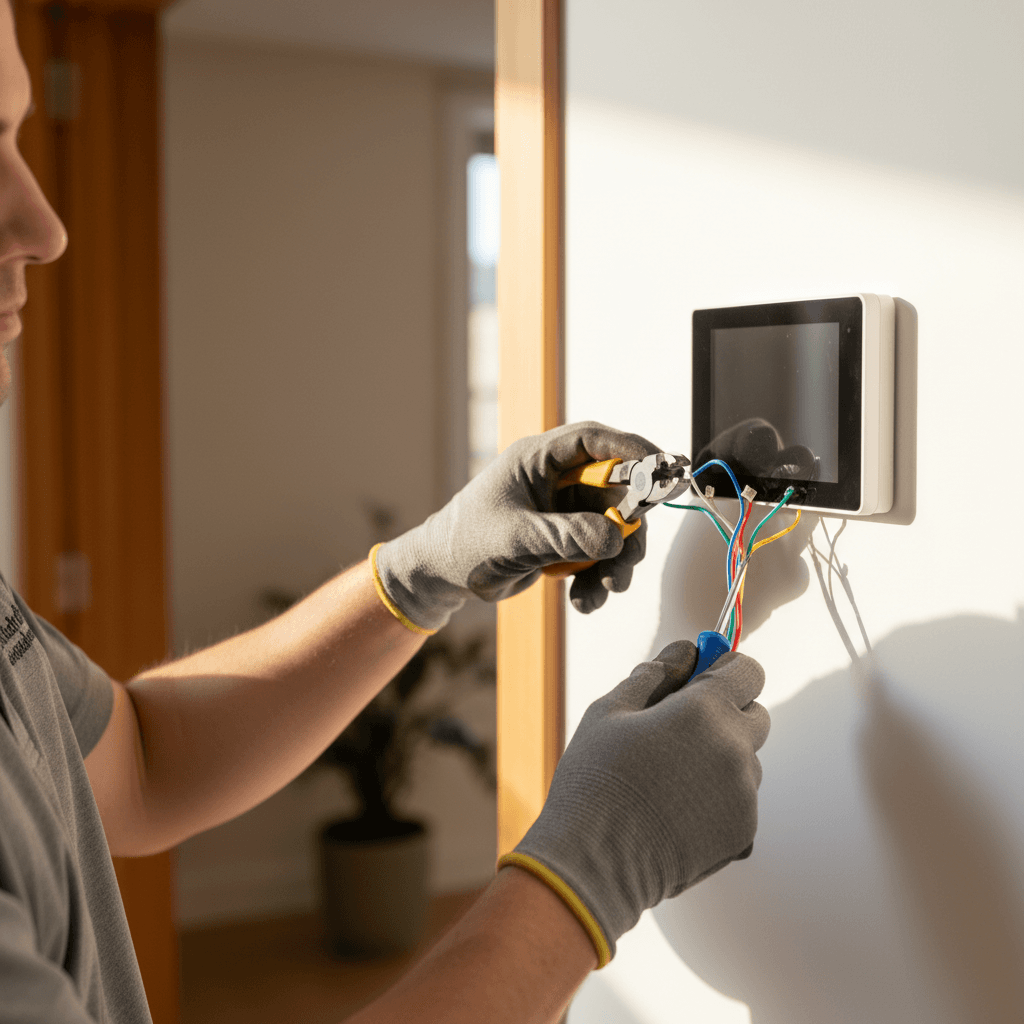 Technician installing new digital thermostat on wall