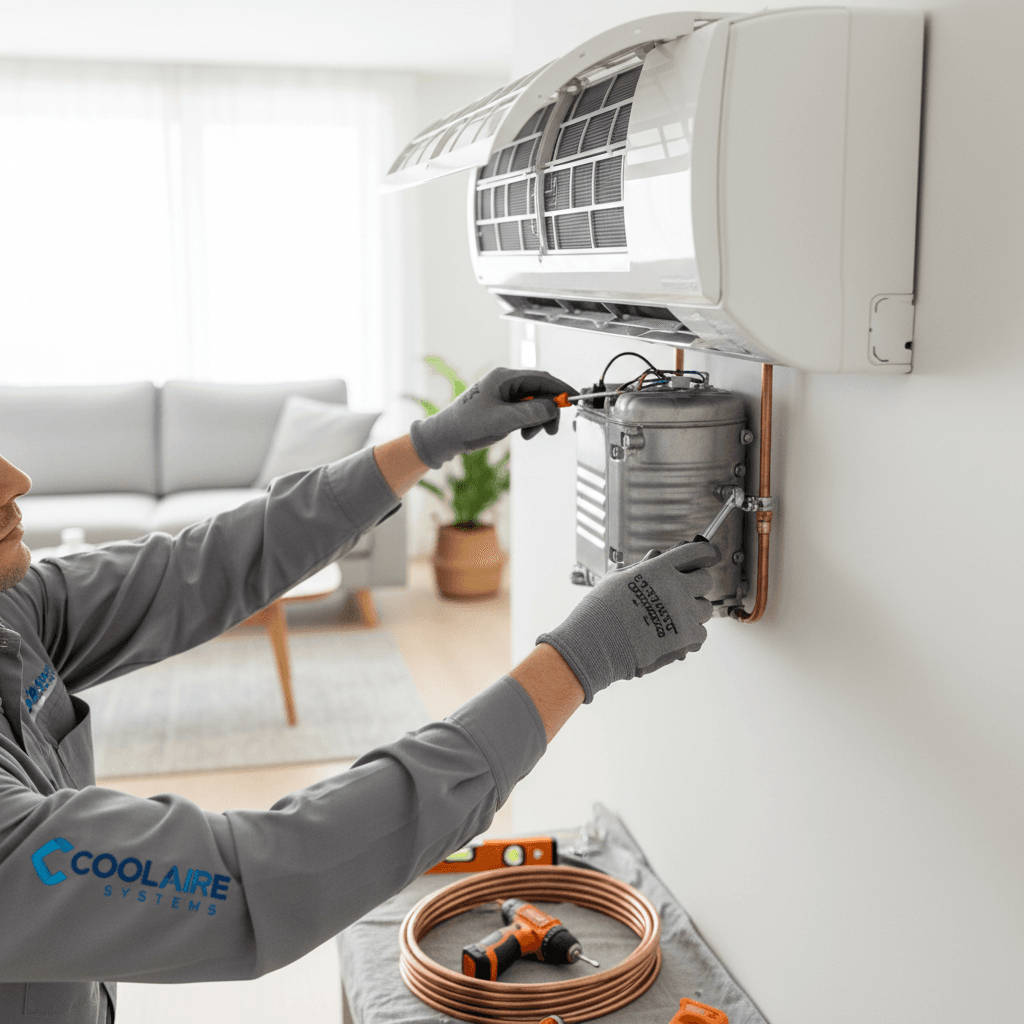 HVAC technician with residential AC unit